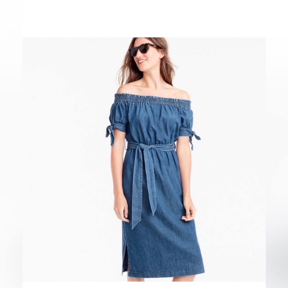 Off-the-Shoulder Blue Denim Dress with Tie Waist